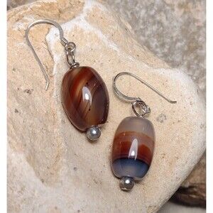 Sterling Silver Banded Agate Drop Dangle Earrings